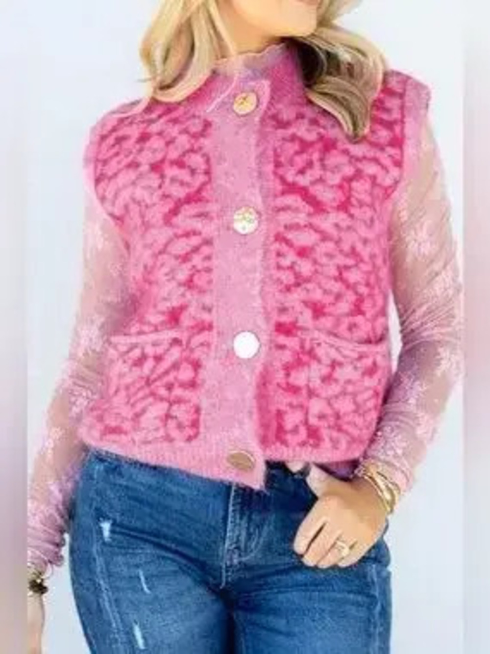 Leopard Button-Down Fuzzy Sweater Vest - Picture 4 of 9